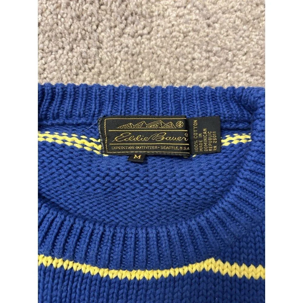 VTG 90s Eddie Bauer Striped Knit Sweater Men Medium Blue Yellow Preppy Dadcore